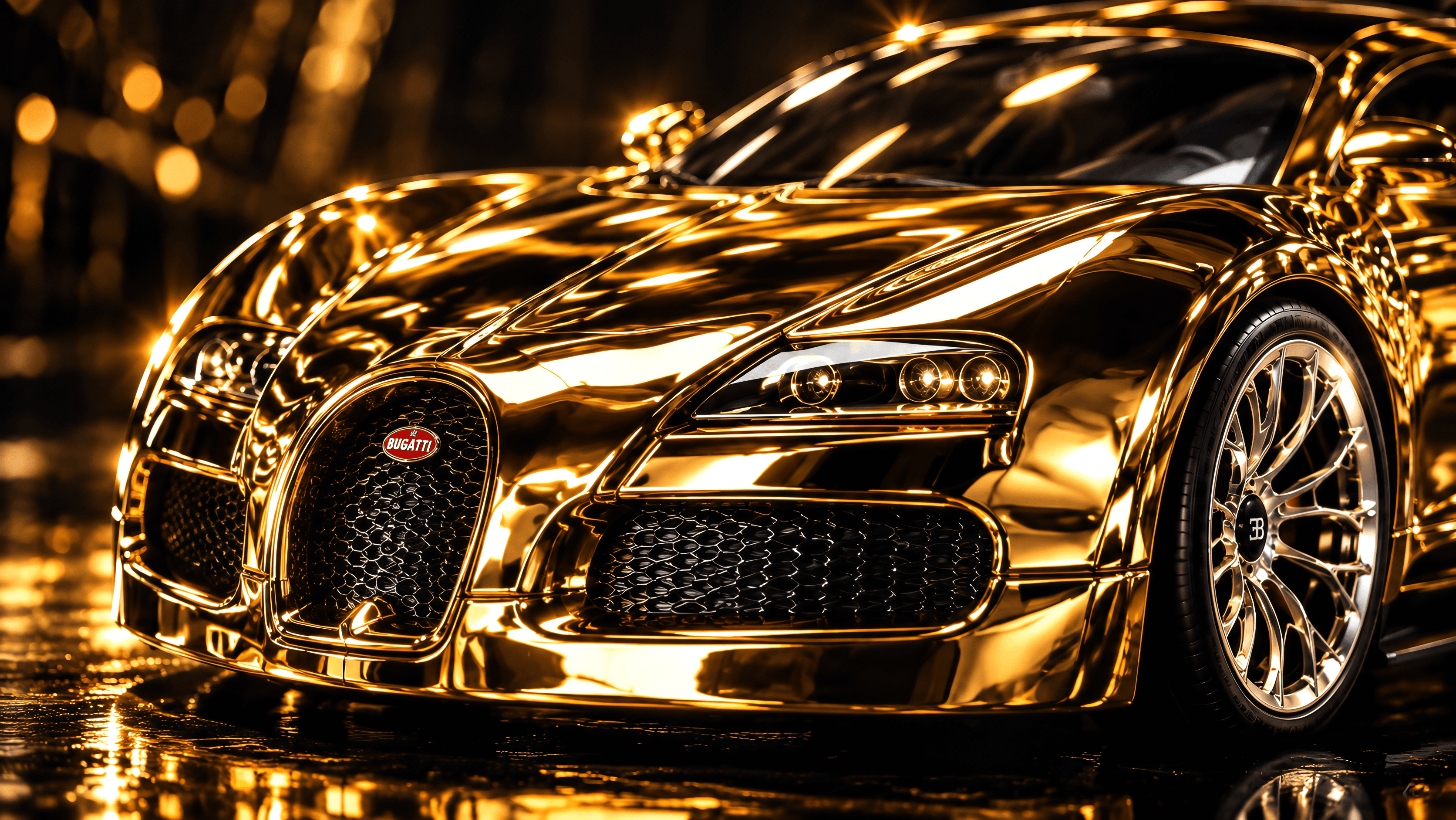 Close-up detail of a 24K gold-electroplated Luxcast automobile