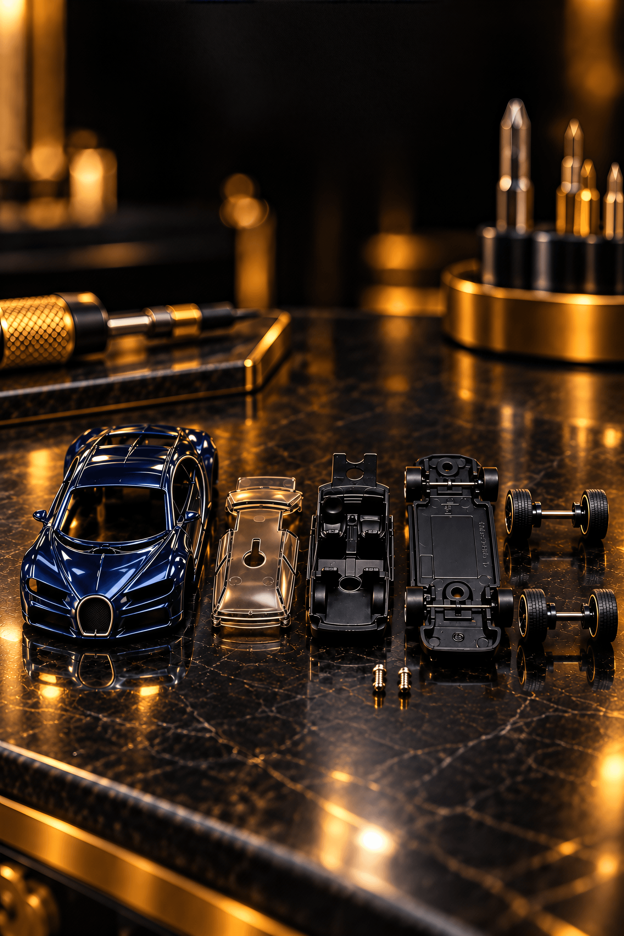 Disassembled 1:64 diecast automobile prepared for the Luxcast finishing process