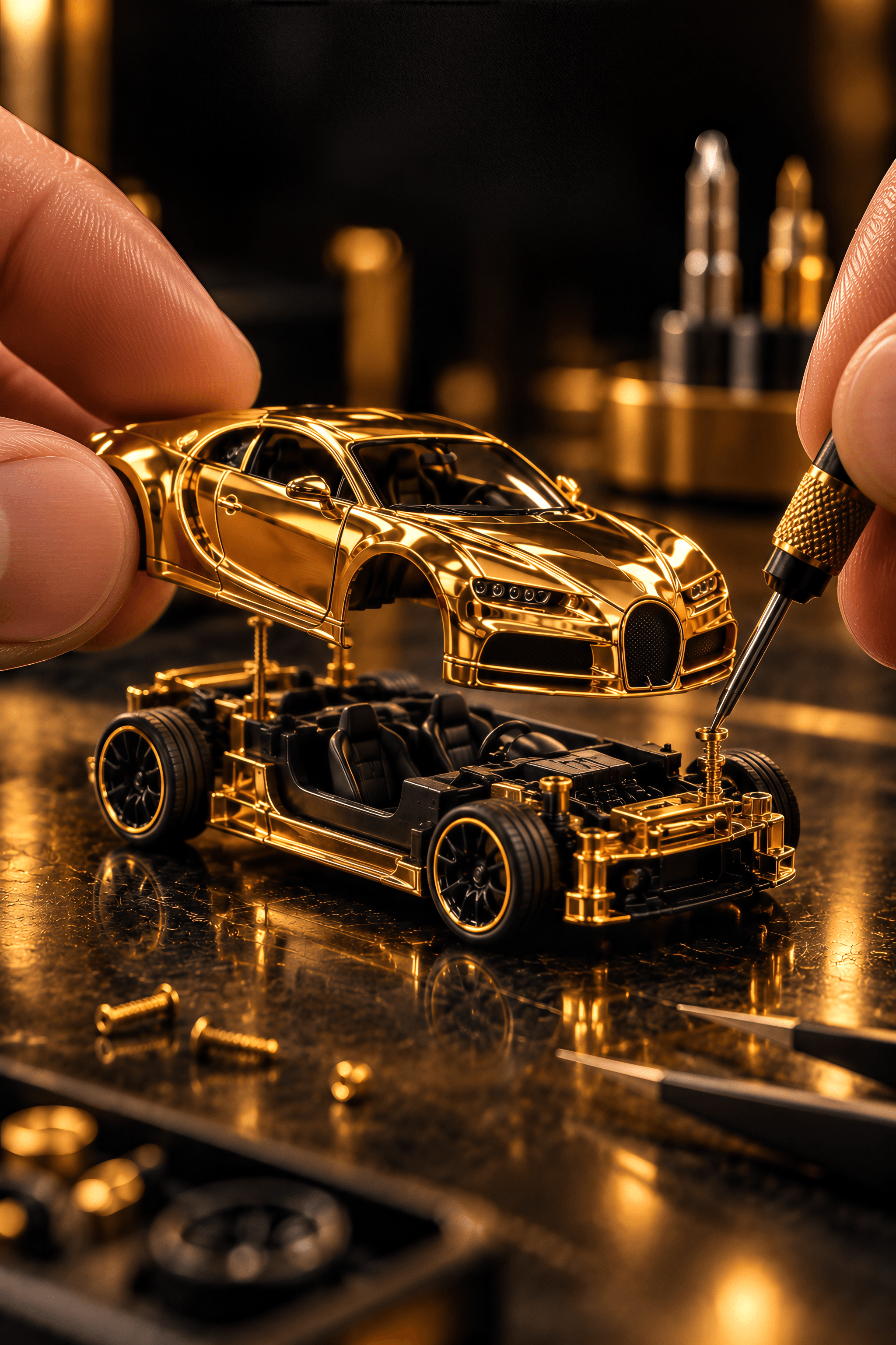 Hand assembly of a 24K gold Luxcast collectible using precision tools
